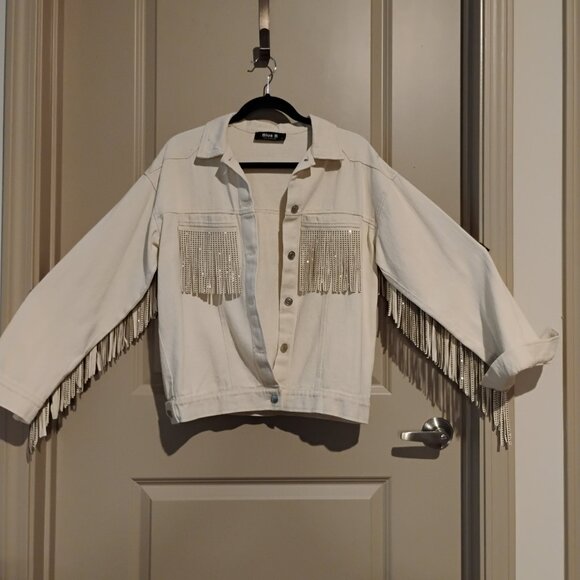 Medium Blue B Collection Cream Denim Fringe Jacket - Picture 2 of 5